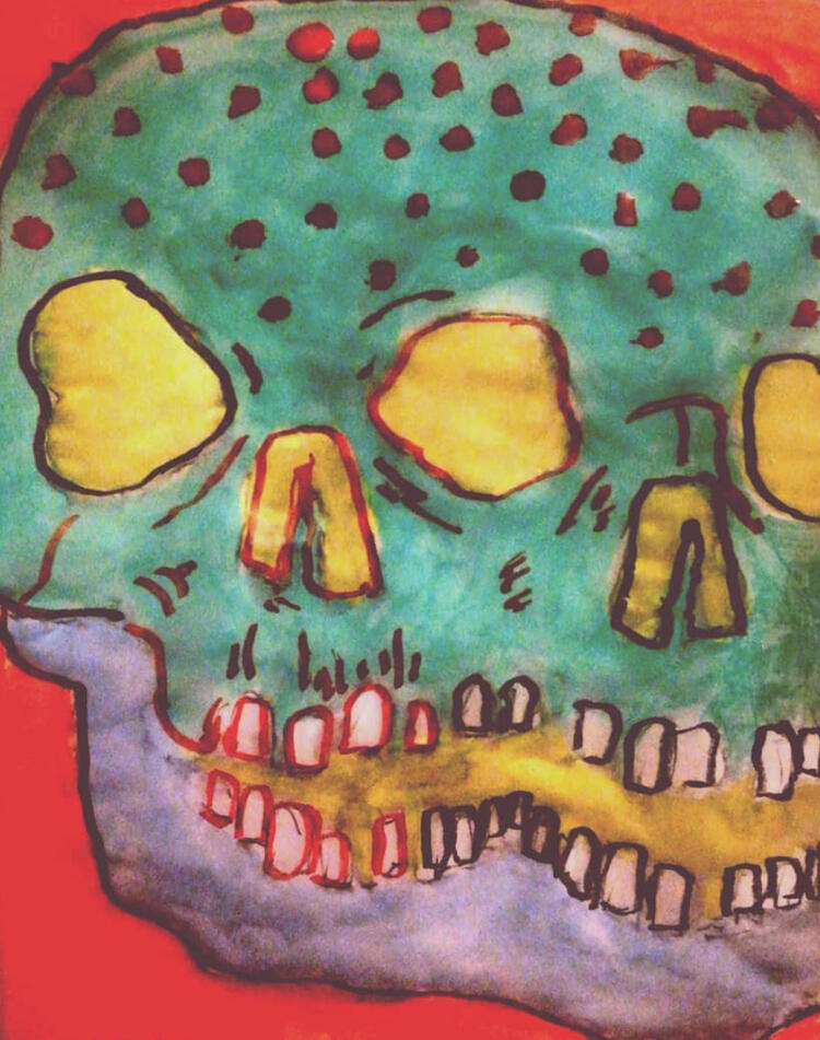 A conjoined skull with teal, purple, and primary yellow.